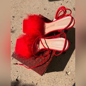 Azalea Wang red lace up heels w/ puff